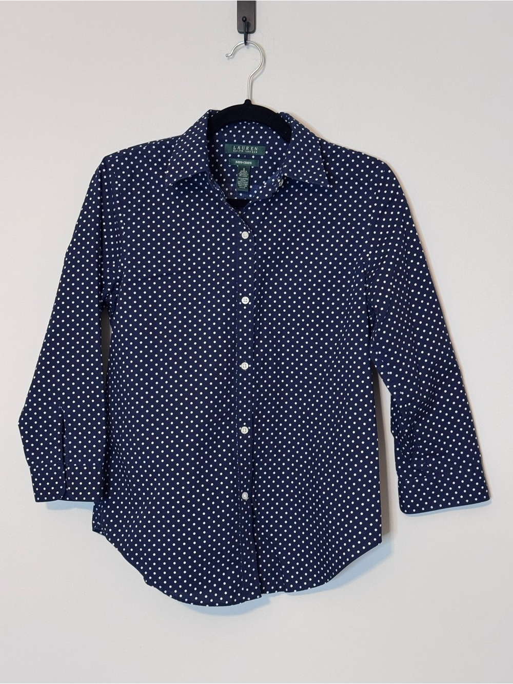 Lauren Ralph Lauren Women’s Small Navy Polka Dot Non-Iron Cotton Button-Up Shirt